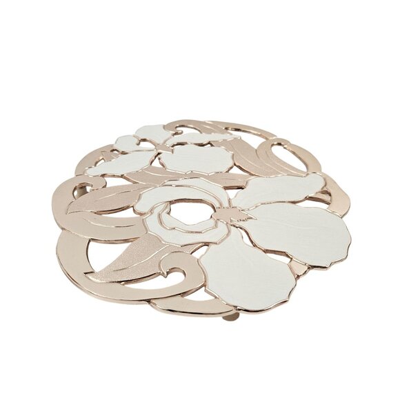 Wm A Rogers Rose Gold White Enamel Floral Trivet Iris Vintage Wall Hanging - Picture 6 of 11